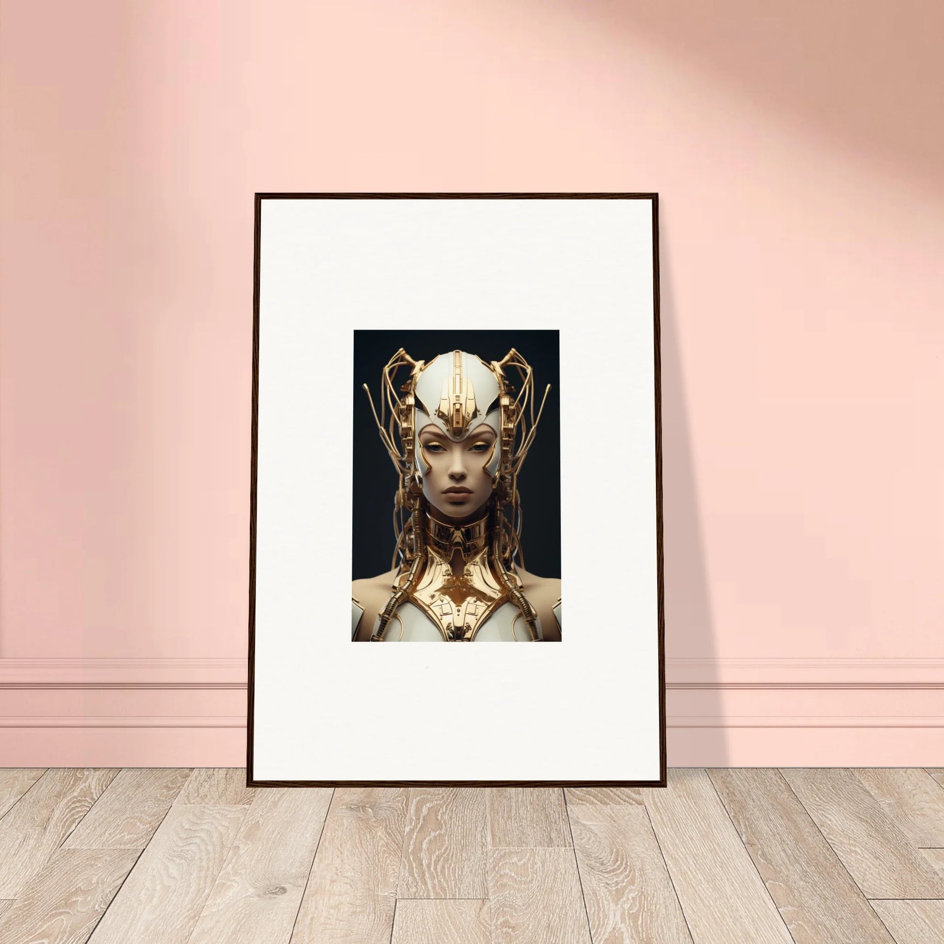 Framed canvas print of Echoes Muse with a golden headdress, perfect for room decoration