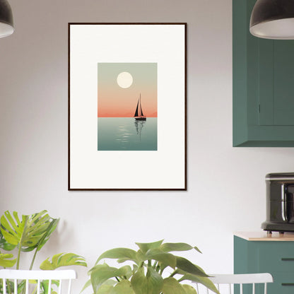 Framed canvas print of a sailboat at sunset, perfect for nautical harmonies room decoration