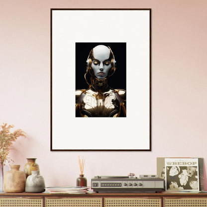 Framed canvas print of a futuristic robotic figure, perfect for electrical elegance room decoration