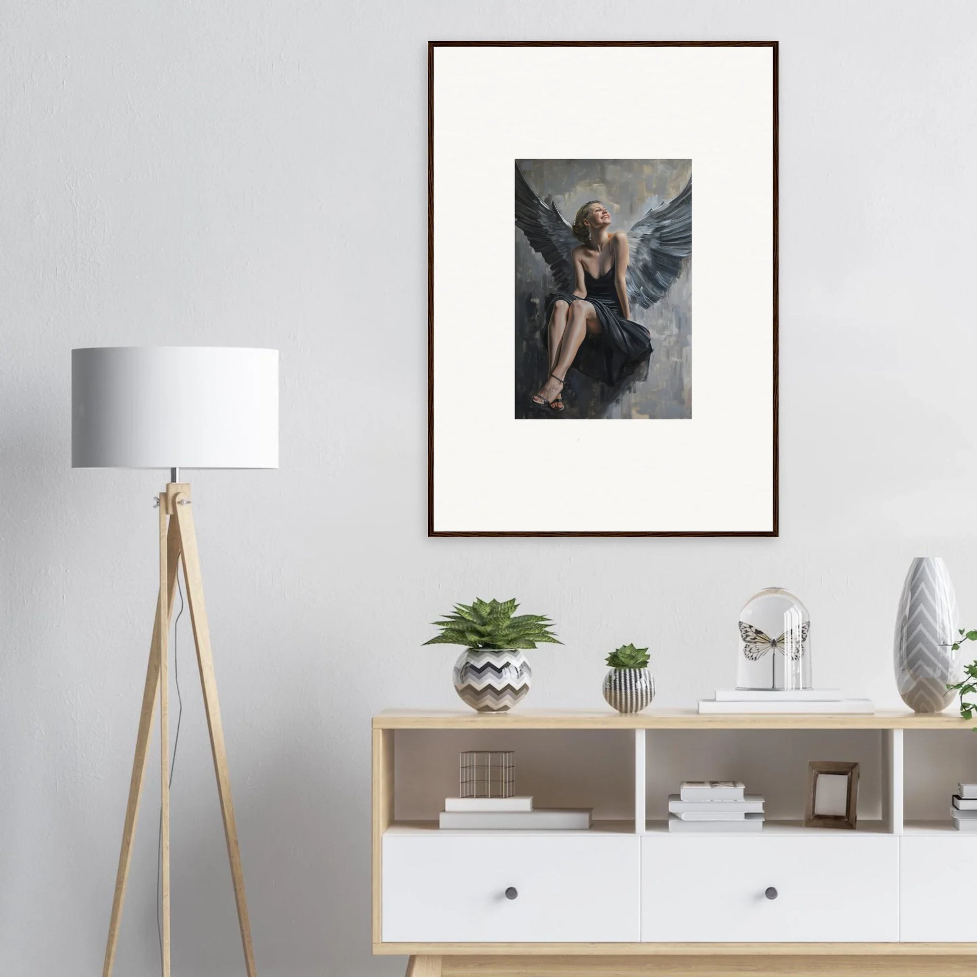 Framed canvas print of a person with wings for dreamy room decoration, Reverie Willkommen