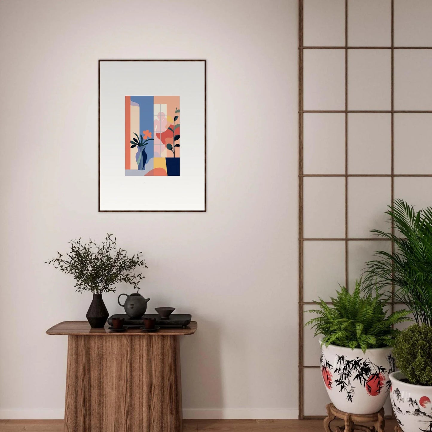 Framed canvas print of Echoic Flower Emblaze for chic room decoration with geometric art