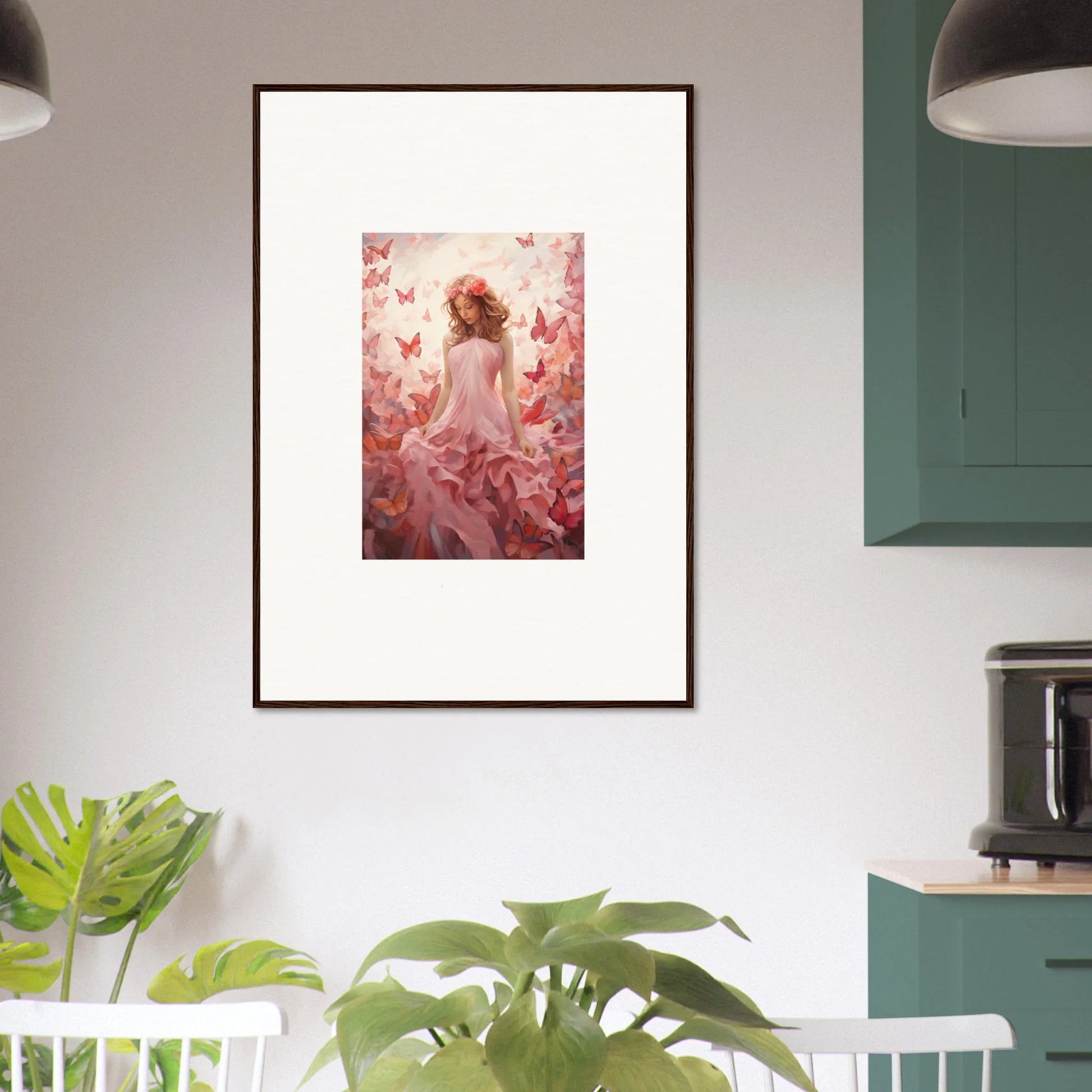 Framed canvas print of a woman in pink dress with butterflies, perfect for autumn lattice room decoration