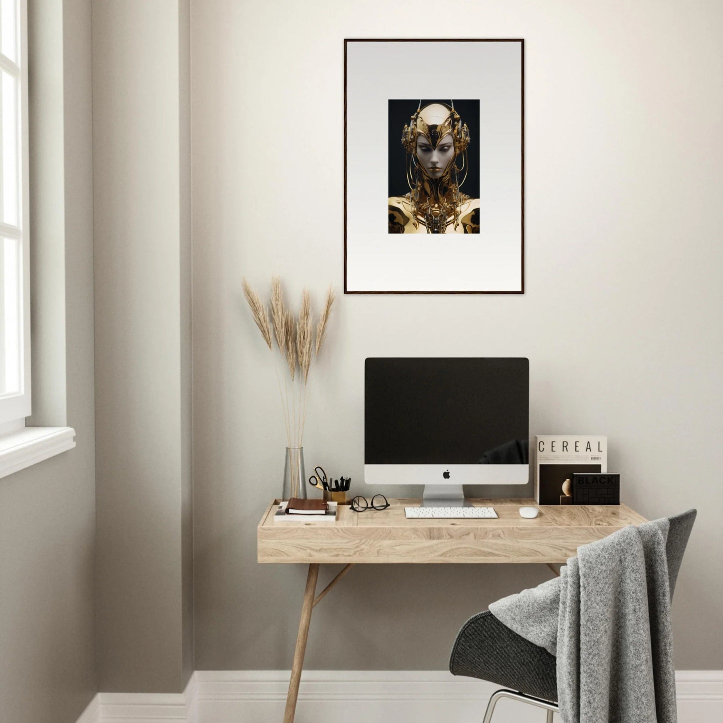 Minimalist home office with wooden desk, computer, and Chirping Inventrix canvas print