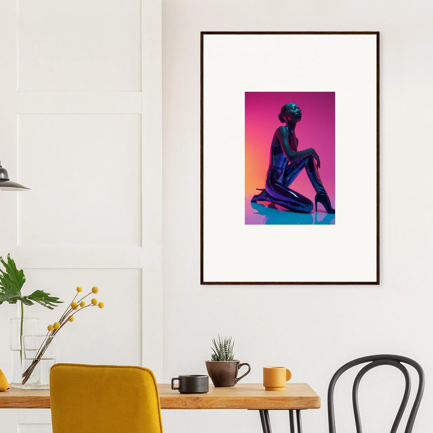 Framed Neon Vortex Wonder canvas print with a vibrant human figure in pink and purple