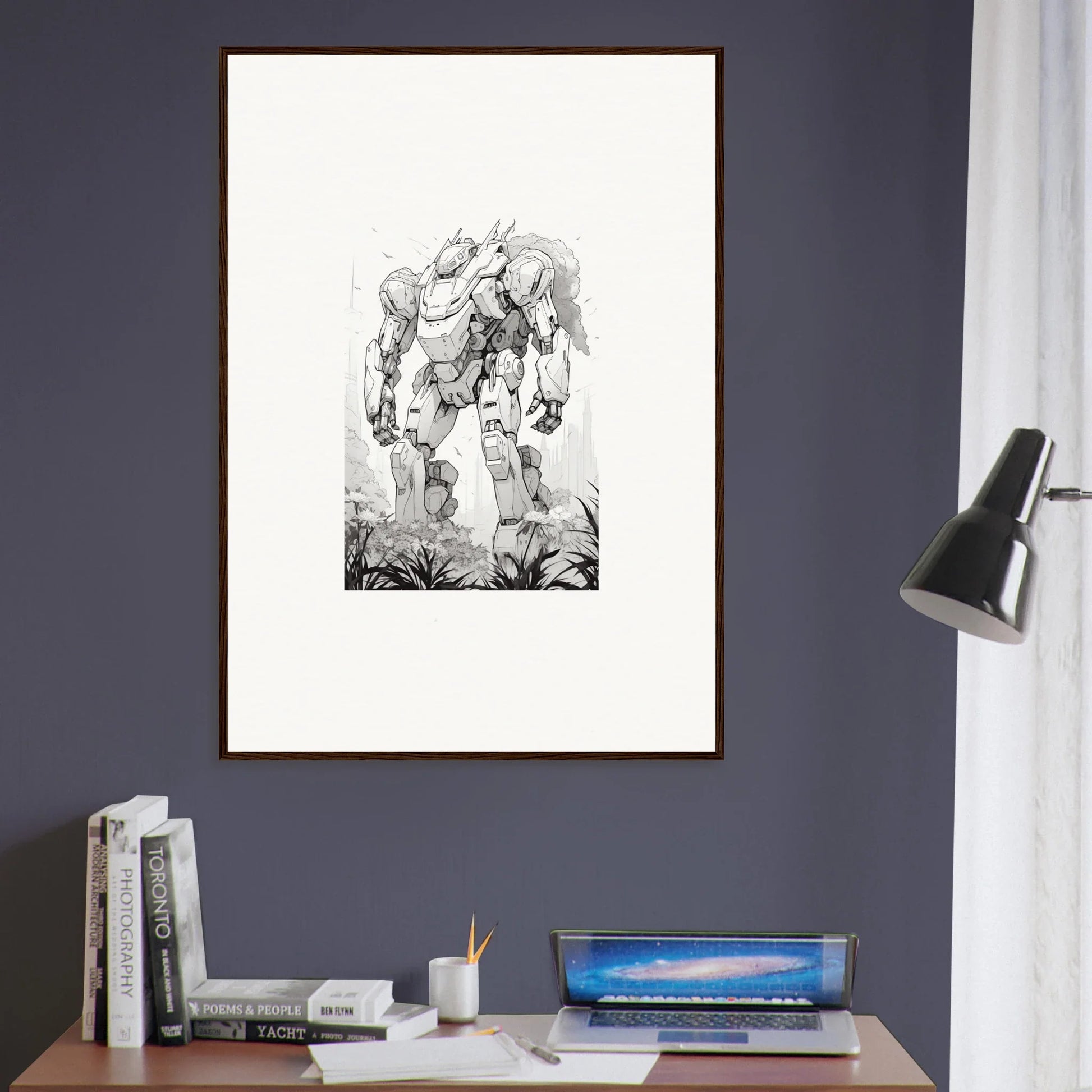 Black and white mech sketch canvas print, perfect for Sky Alchemy room decoration