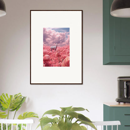 Framed canvas print of a giraffe in a pink surreal landscape for unique wall art