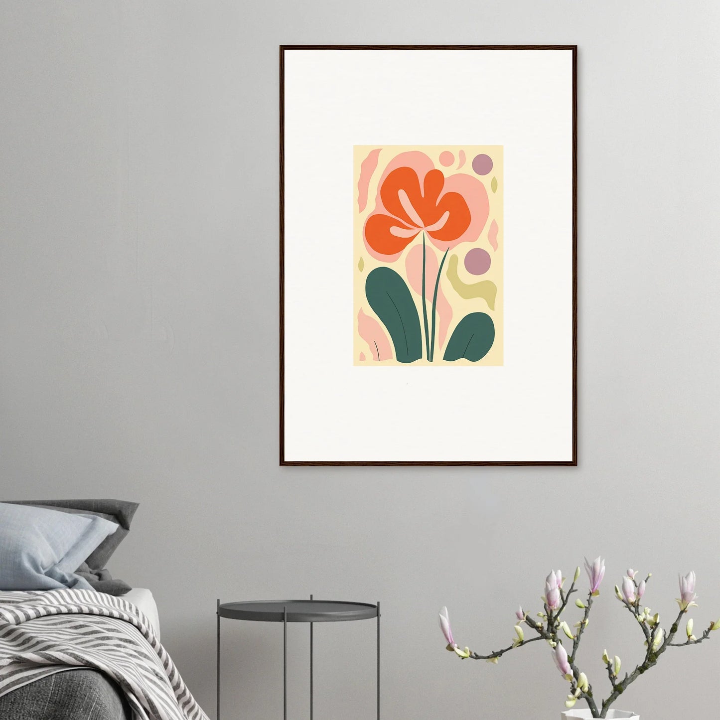 Framed canvas print of a vibrant orange flower, perfect for room decoration and echoes whimsy