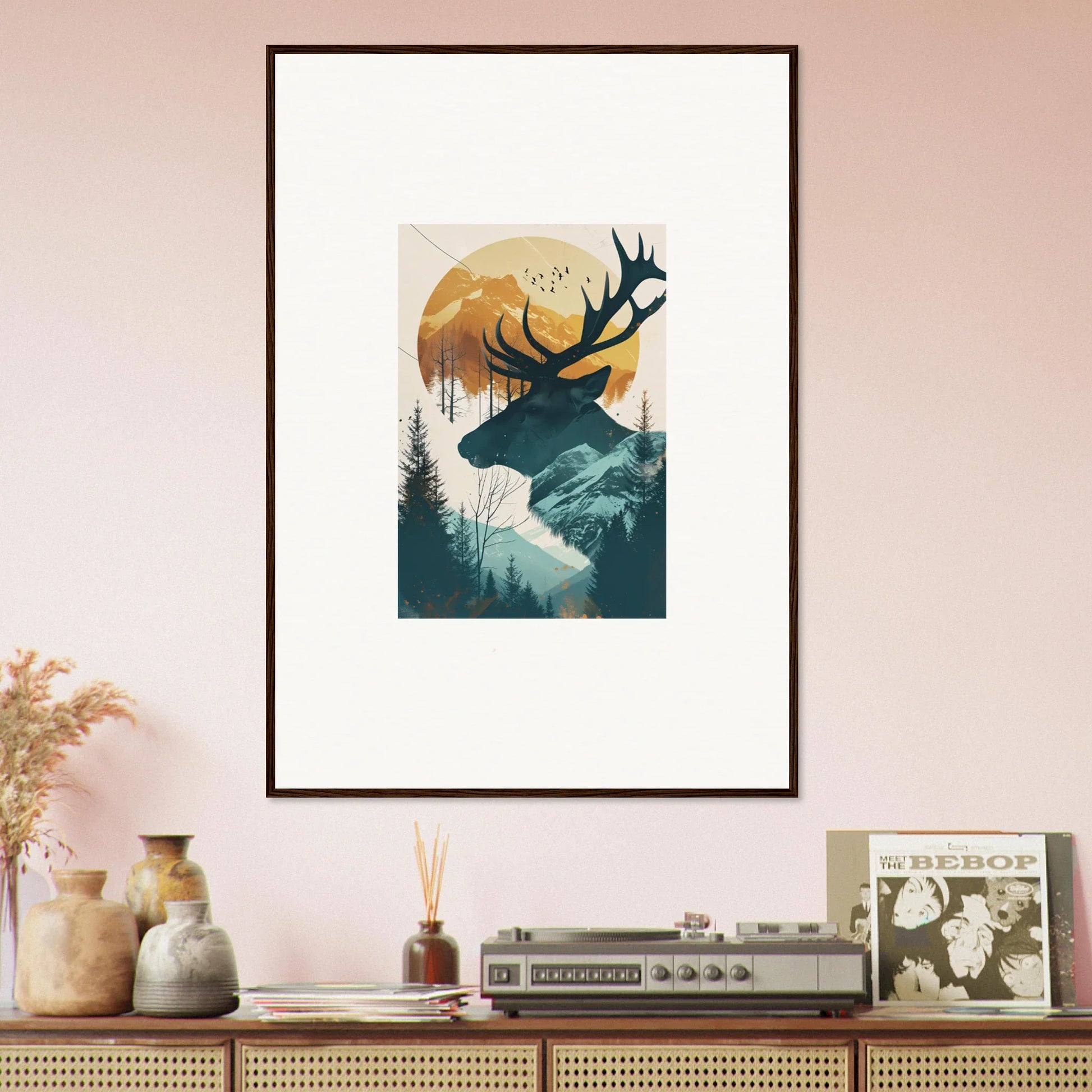 Framed canvas print of a deer panorama with mountains and a full moon, perfect for room decoration