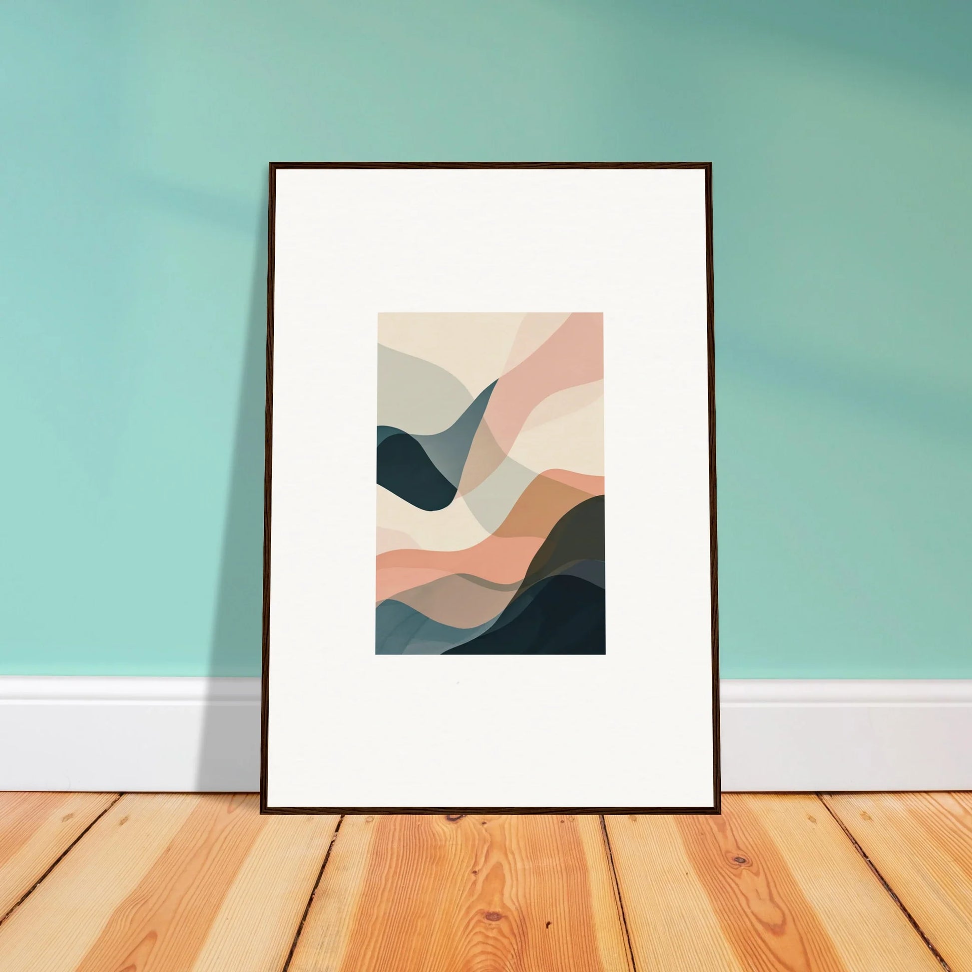 Framed abstract wall art with curved shapes, perfect for room decoration or canvas print