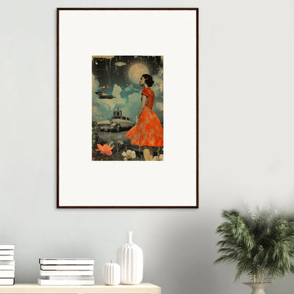 Framed canvas print of a woman in an orange dress for retro bloom room decoration