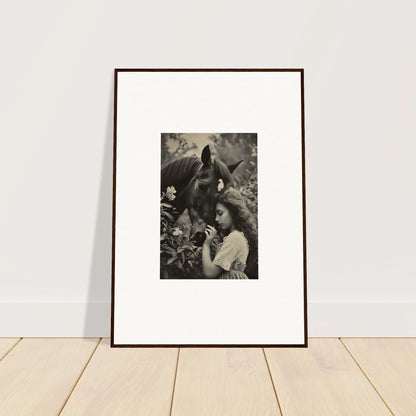 Framed black and white photo of a woman with a rabbit for equinox whispers room decoration