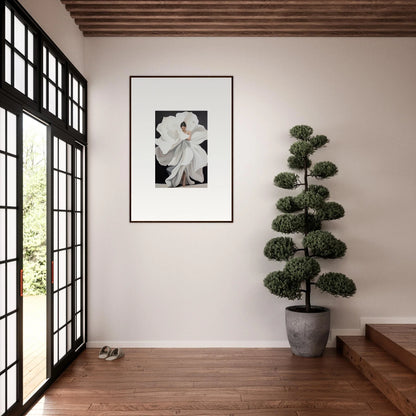 Framed black and white canvas print of a white flower for elegant room decoration