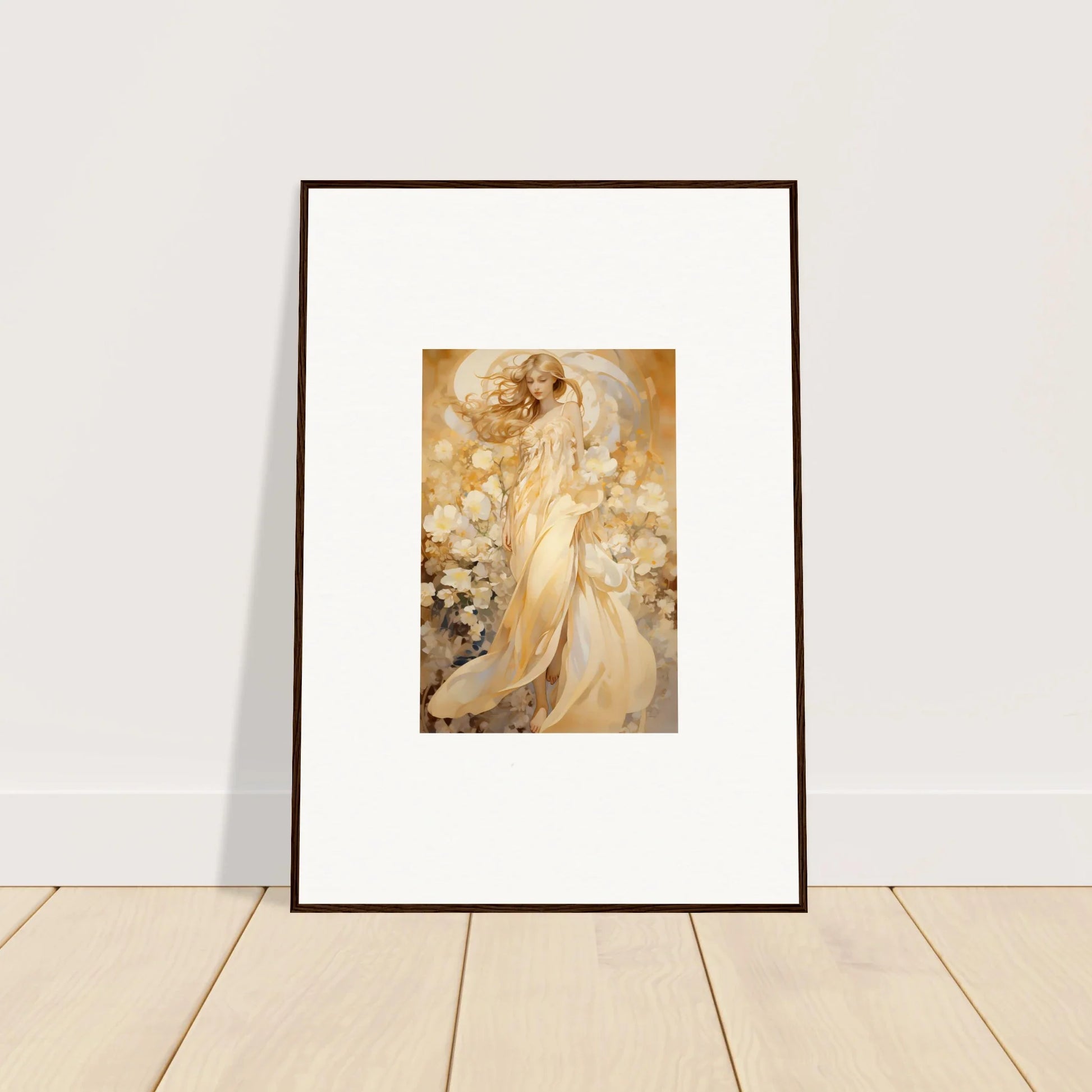 Framed canvas print of a female figure in floral harmony for stylish room decoration