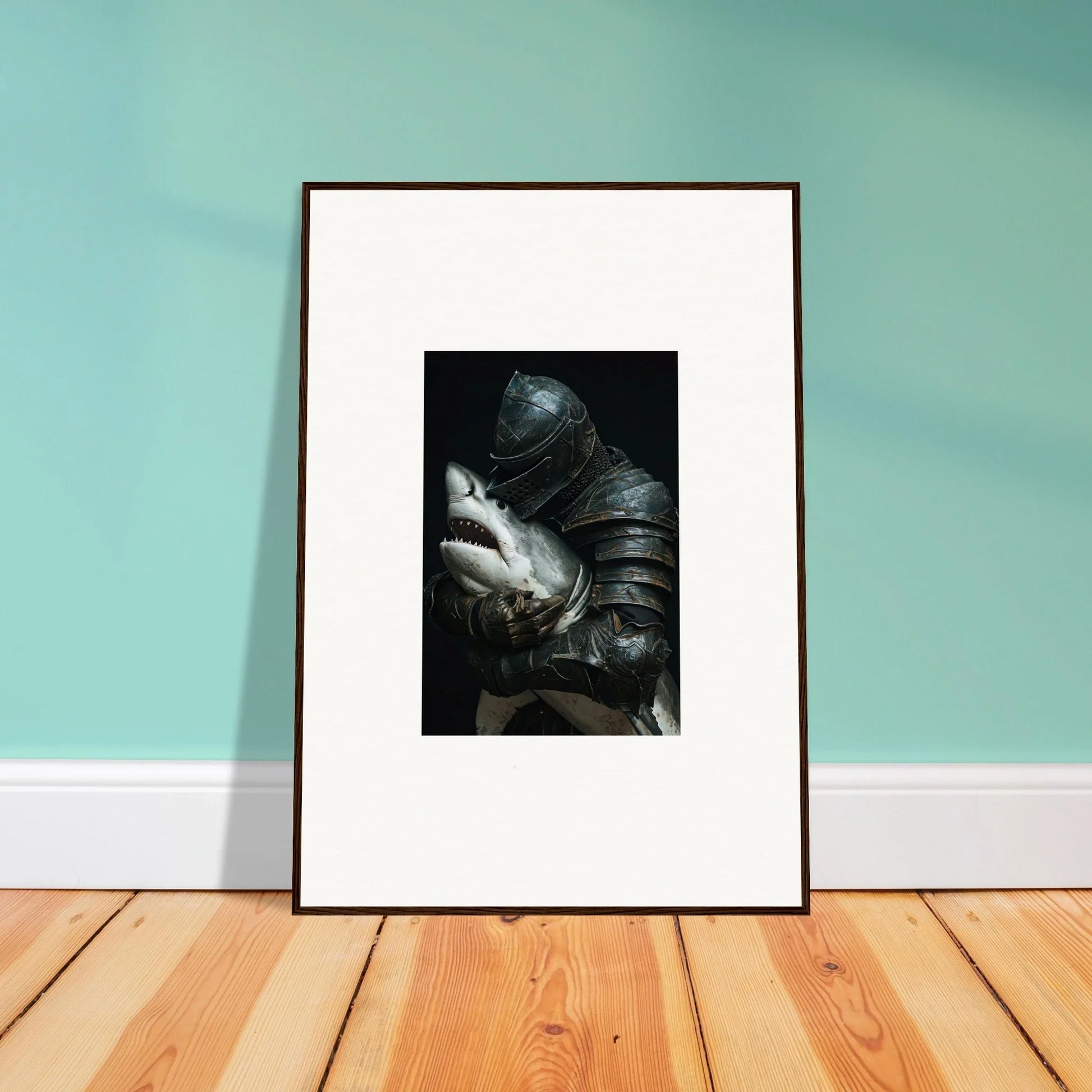 Framed black and white armor figure art for cool Shark Epiphany room decoration