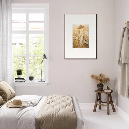 Serene bedroom with neutral tones featuring a canvas print of Whispering Petals