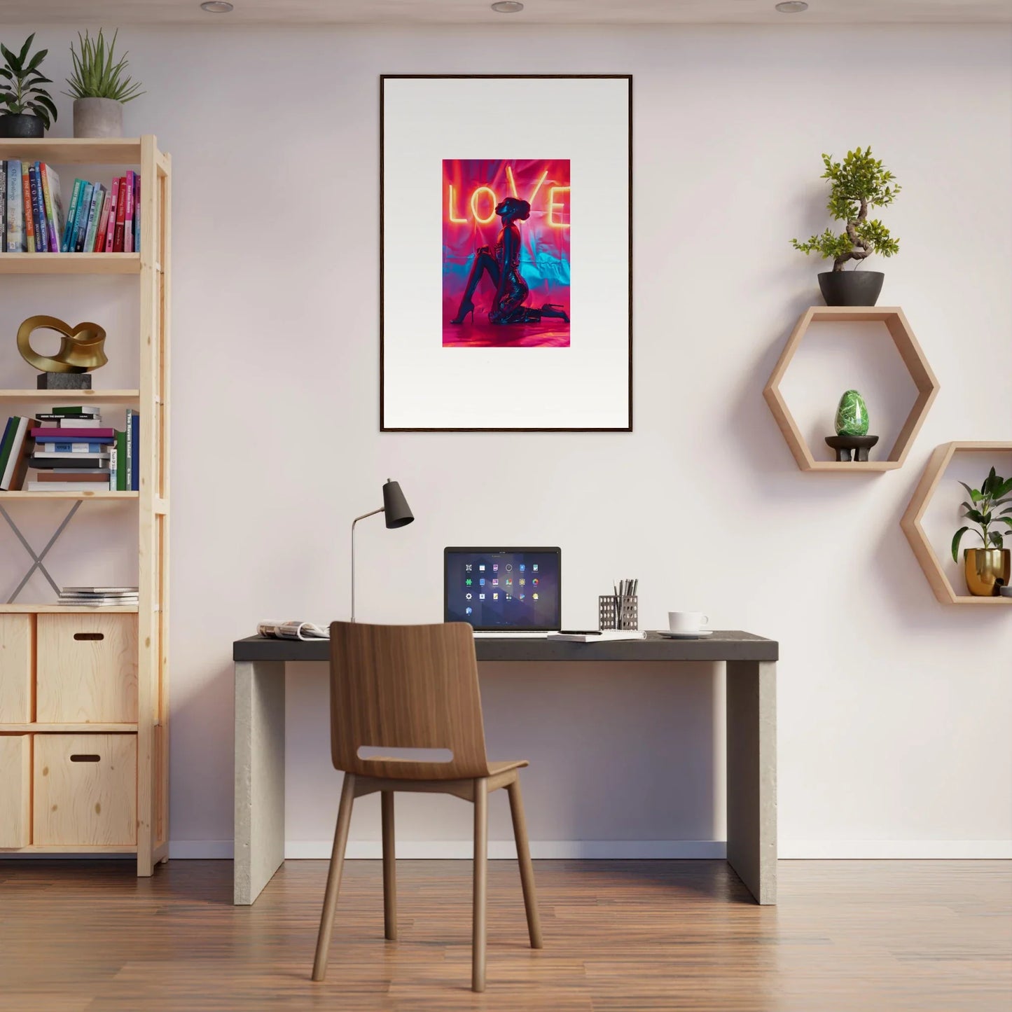 Modern home office with stylish wall art, a desk, and a comfy chair for room decoration