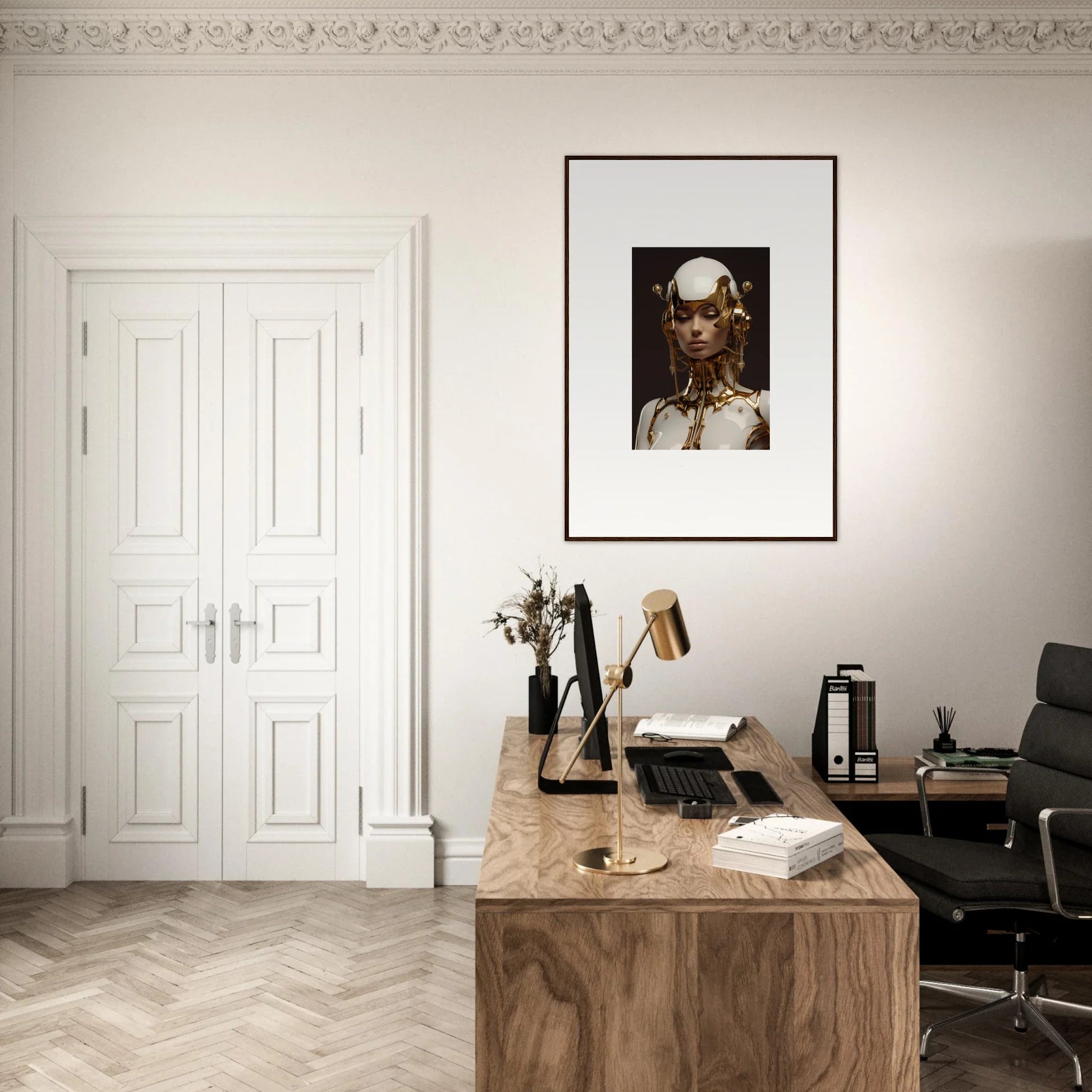 Cozy home office workspace with wooden desk, typewriter, and stylish wall art