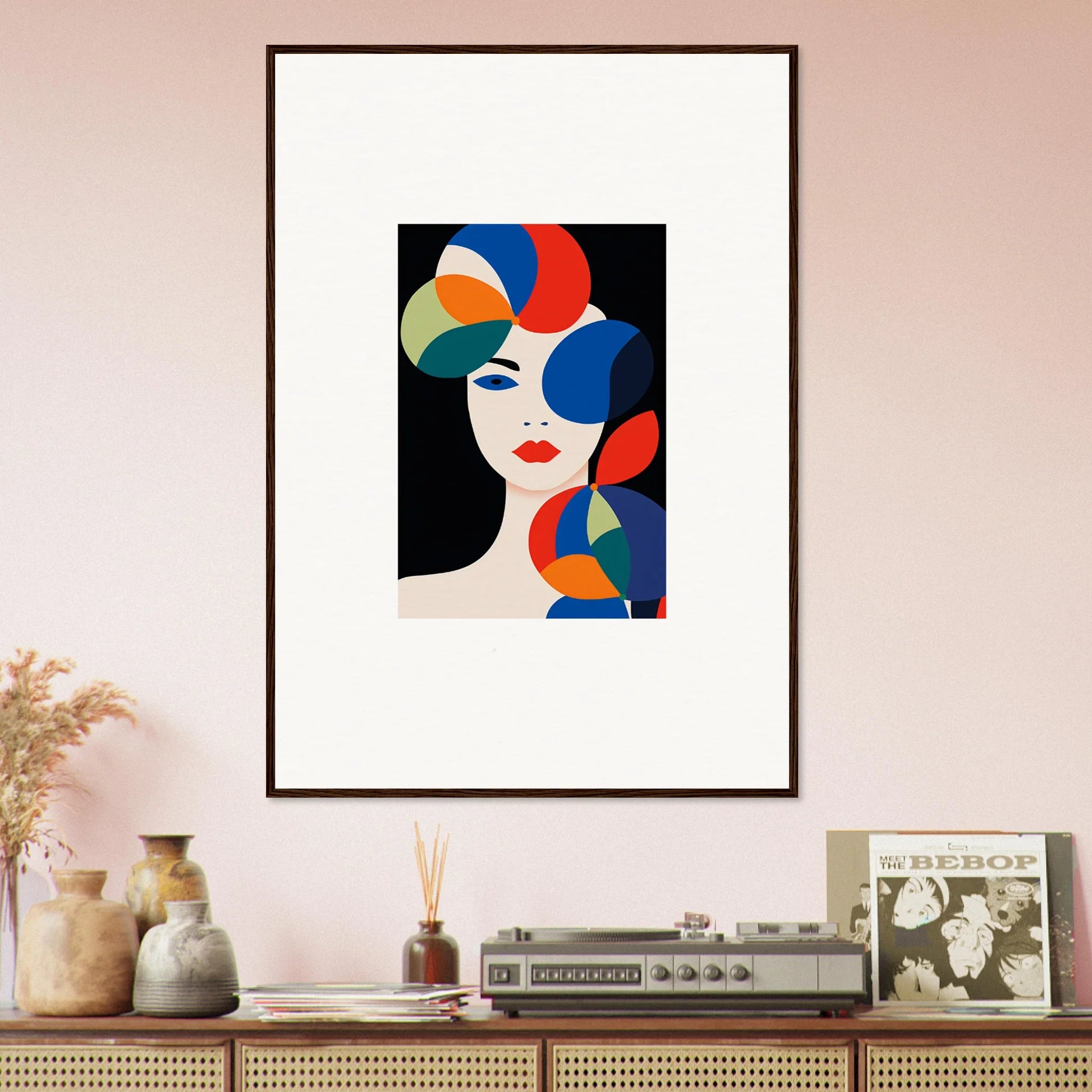 Framed abstract portrait with colorful shapes for room decoration and petal echoes vibe