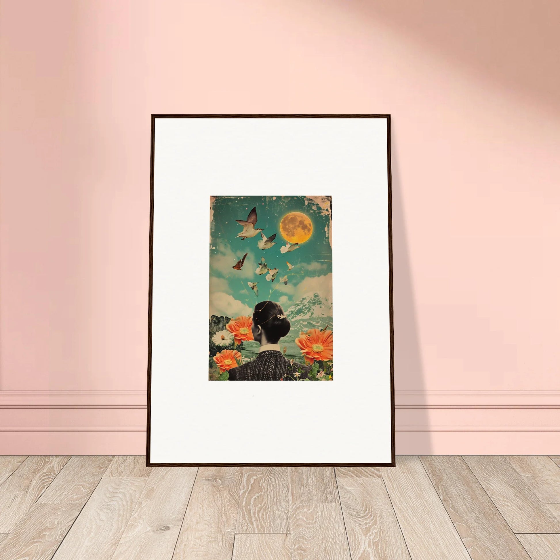 Framed canvas print of Lunar Bloom Reverie with a figure, surreal sky, and butterflies