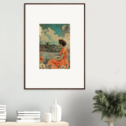 Framed vintage canvas print of a woman in an orange dress for color reverie decor