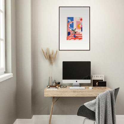 Minimalist wooden desk with a computer and Quantum Gardens canvas print above it