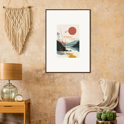 Framed canvas print of Sunrise Unfurled with a red sun, mountains, and water for room decoration