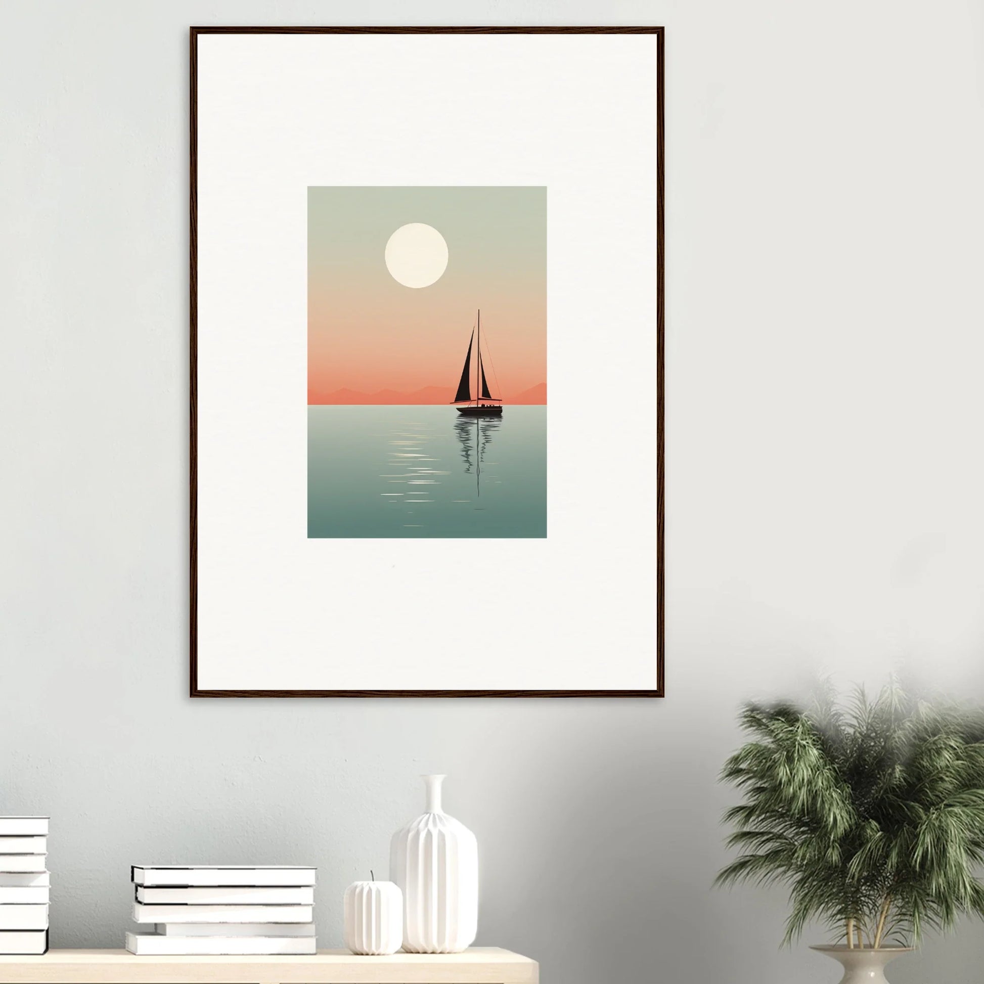 Framed canvas print of Nautical Harmonies with a sailboat under a full moon