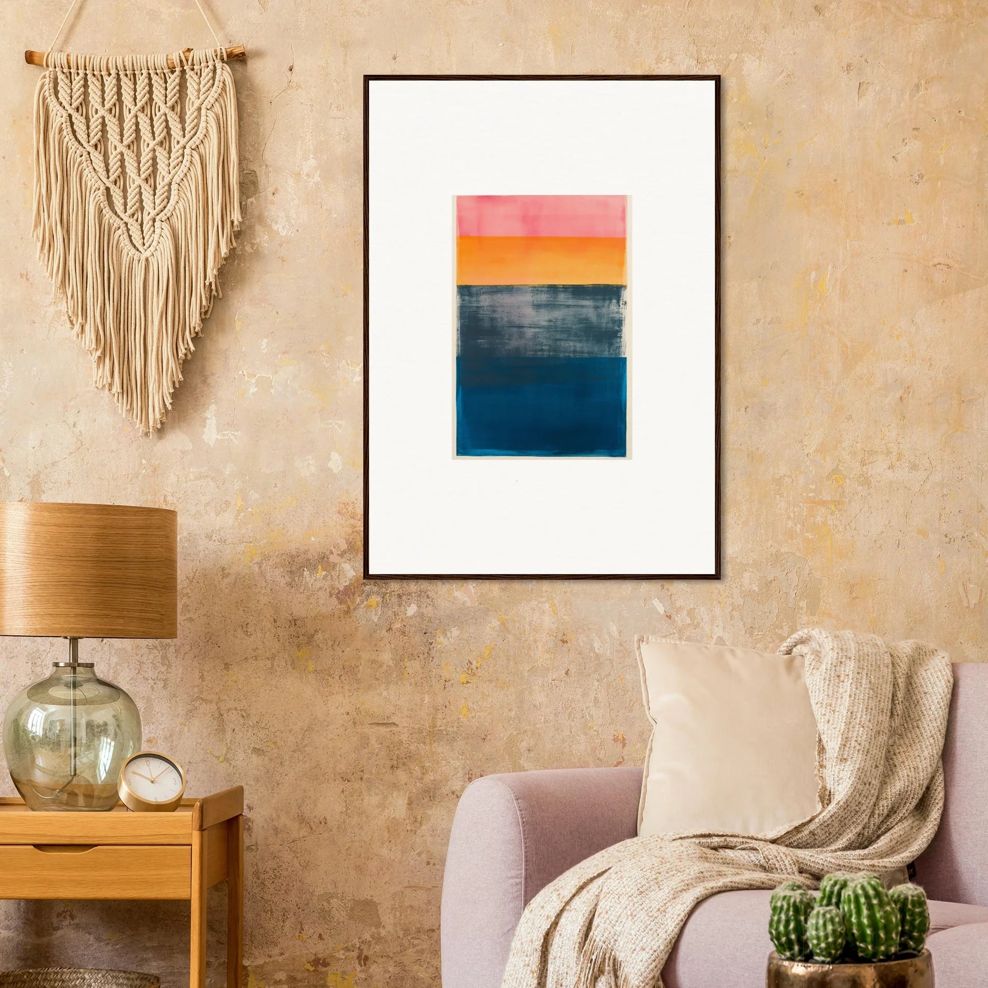 Framed abstract canvas print in pink, orange, and blue frequencies for stylish room decoration