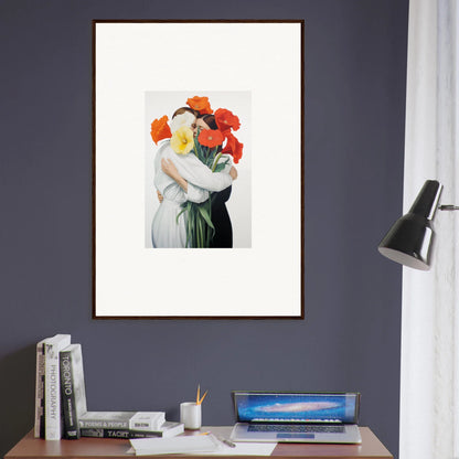 Framed canvas print of two flower-headed figures in a vortex embrace for room decoration