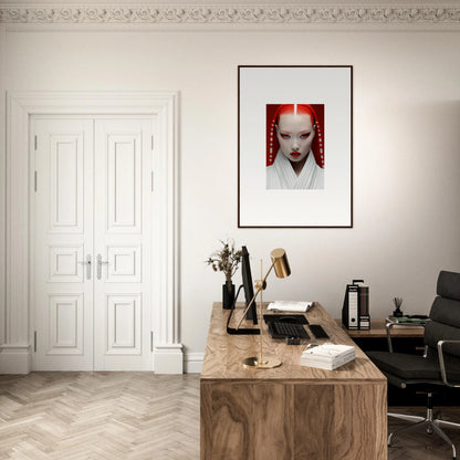 Elegant home office featuring Pome Artcard Whisper with a wooden desk and red portrait