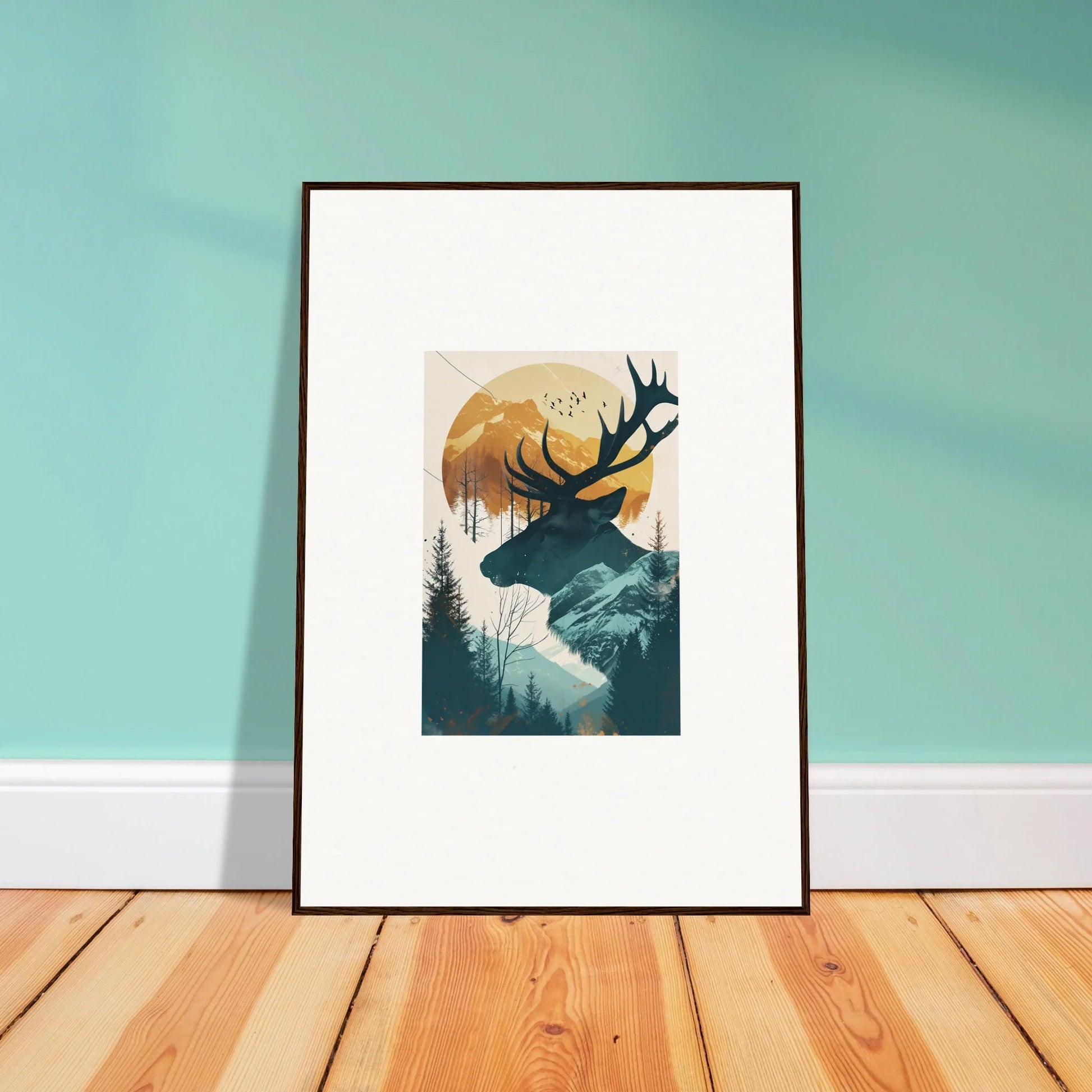 Deer silhouette canvas print in a stunning mountain sunset for room decoration