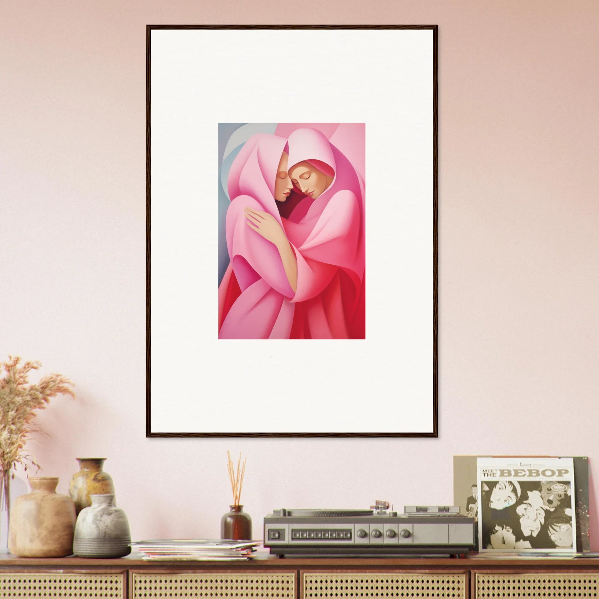 Framed Glimmer Verse Tapestry featuring a stylized pink figure for cool room decoration