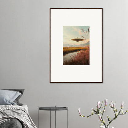 Framed wall art of Floating Meadow Raindancers featuring a surreal sunset landscape