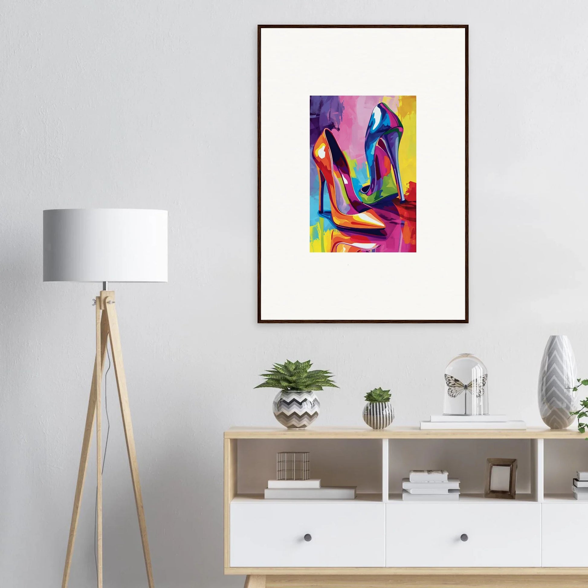 Colorful abstract canvas print of high-heeled shoes for unique room decoration wall art