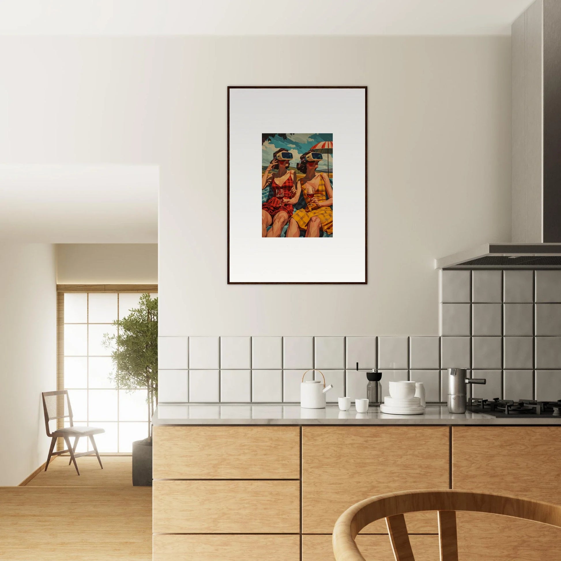 Framed colorful abstract painting of human figures for vibrant room decoration