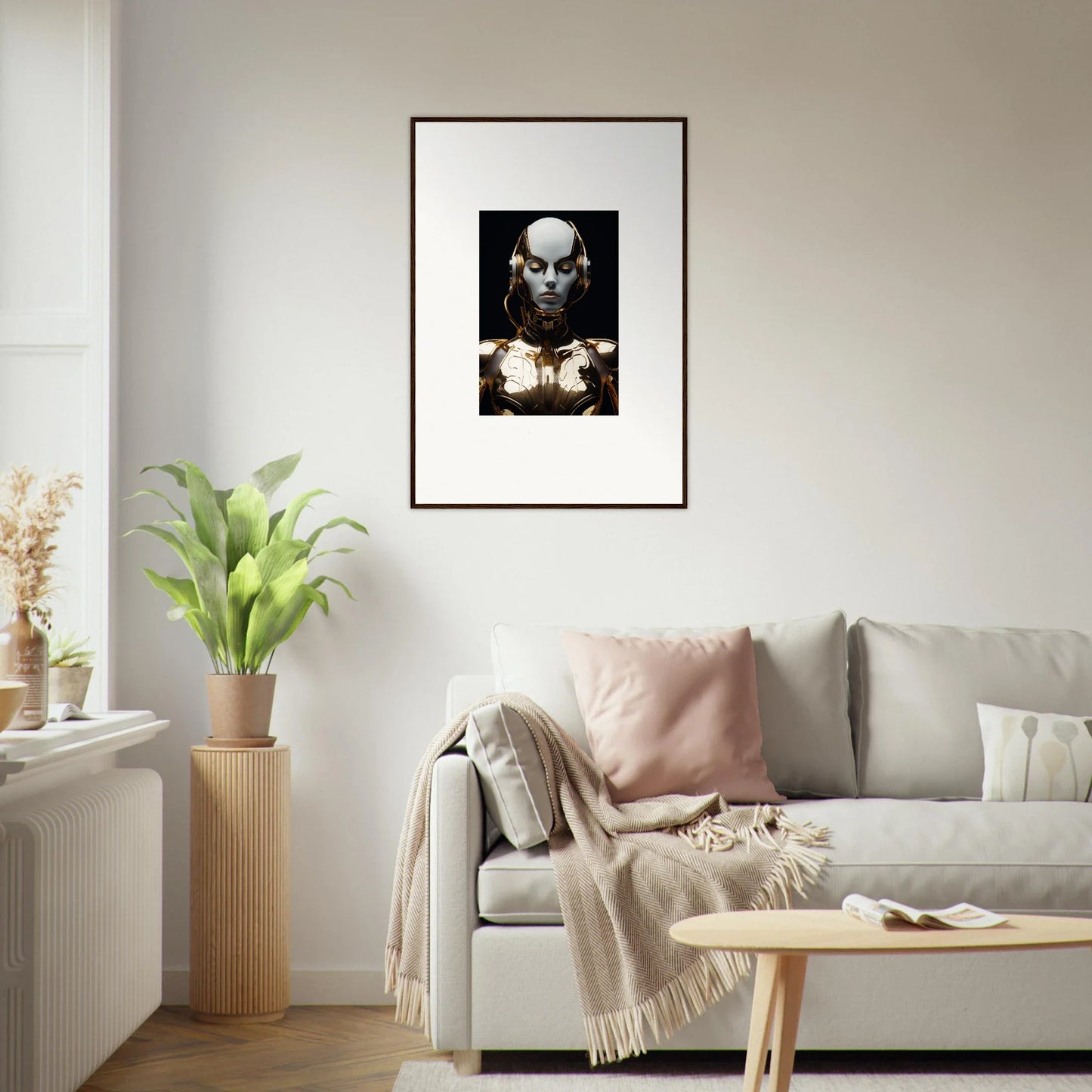 Framed black and white canvas print of an alien-like figure for stylish room decoration