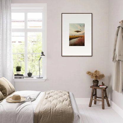 Cozy bedroom with neutral decor and Framed Wall Art featuring Meadow Raindancers