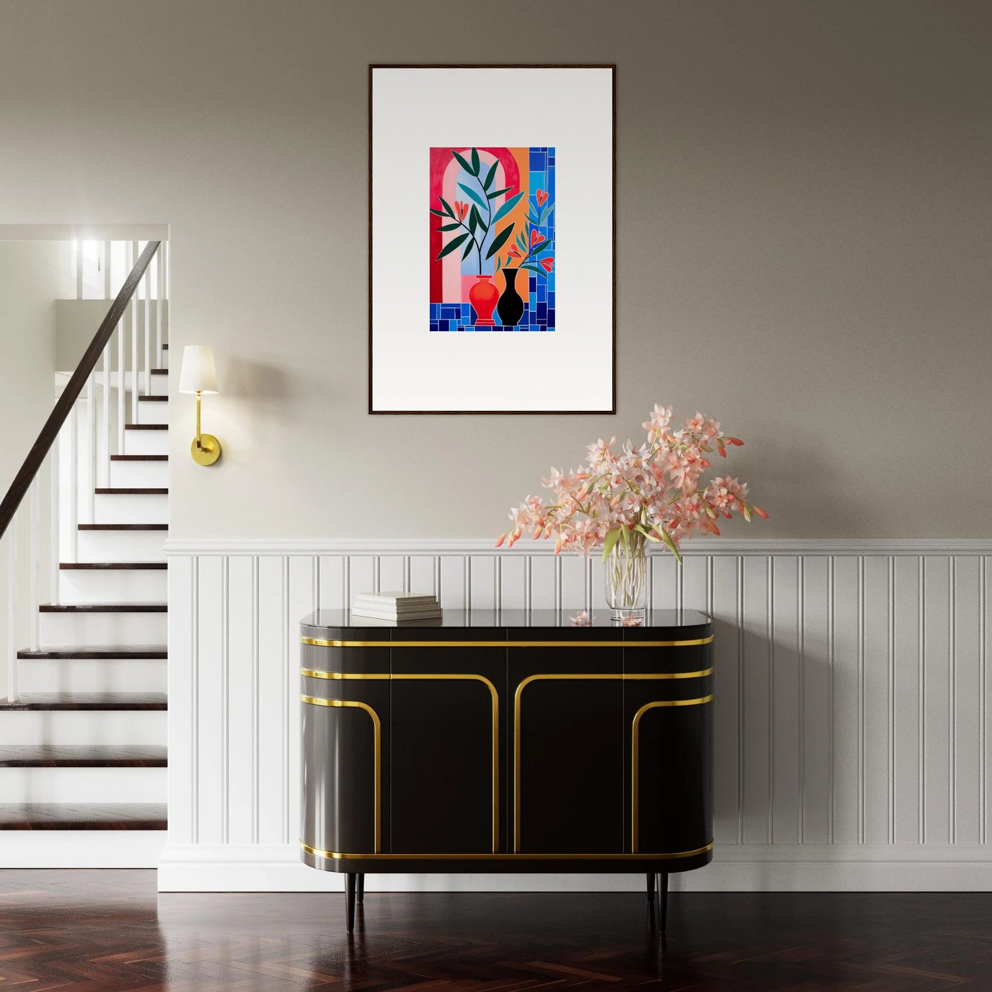 Framed colorful abstract artwork of a plant, perfect for ceramic blooms room decor