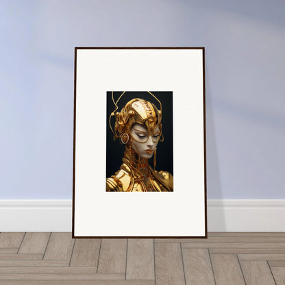 Framed canvas print of a golden cyborg figure artwork for Moulin Mystique room decoration