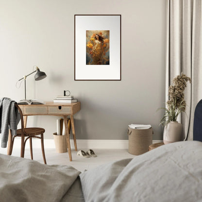 Framed canvas print of a golden figure in warm tones, perfect for Blossom Odyssey room decoration