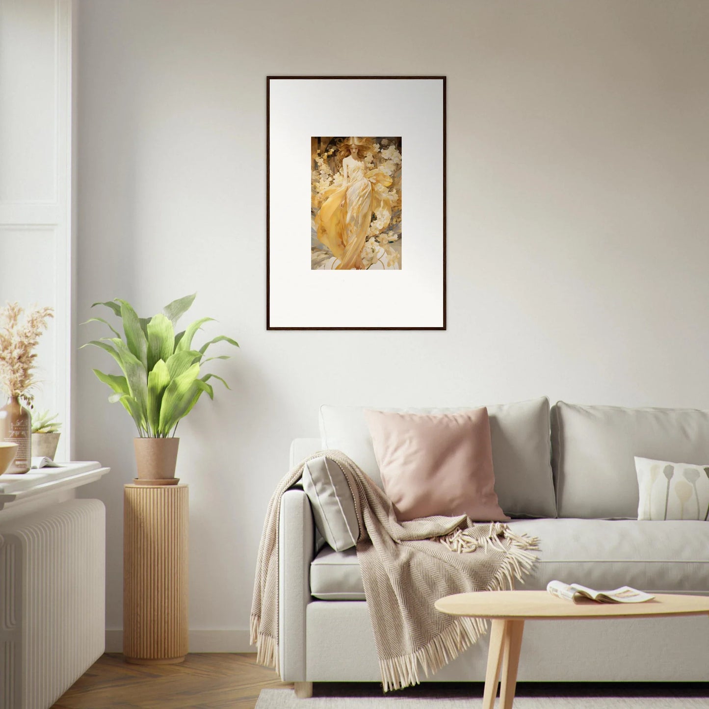 Framed Golden Petal Serenade canvas print in warm tones perfect for room decoration