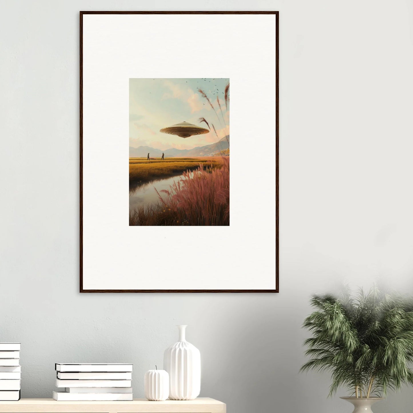 Framed wall art of a serene sunset landscape with UFO for Meadow Raindancers room decor