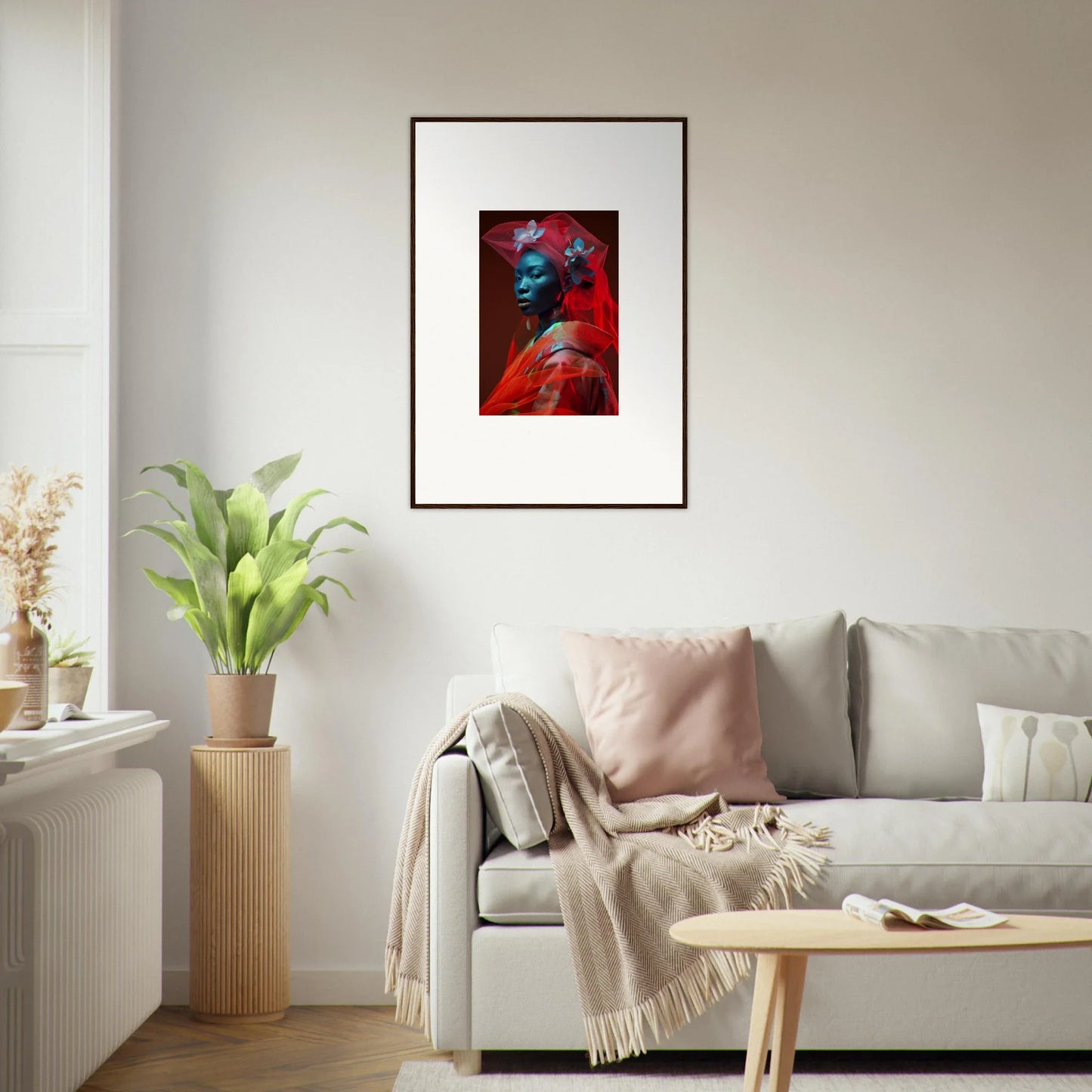 Framed velvet botanicals canvas print in vibrant red and blue for stylish room decoration