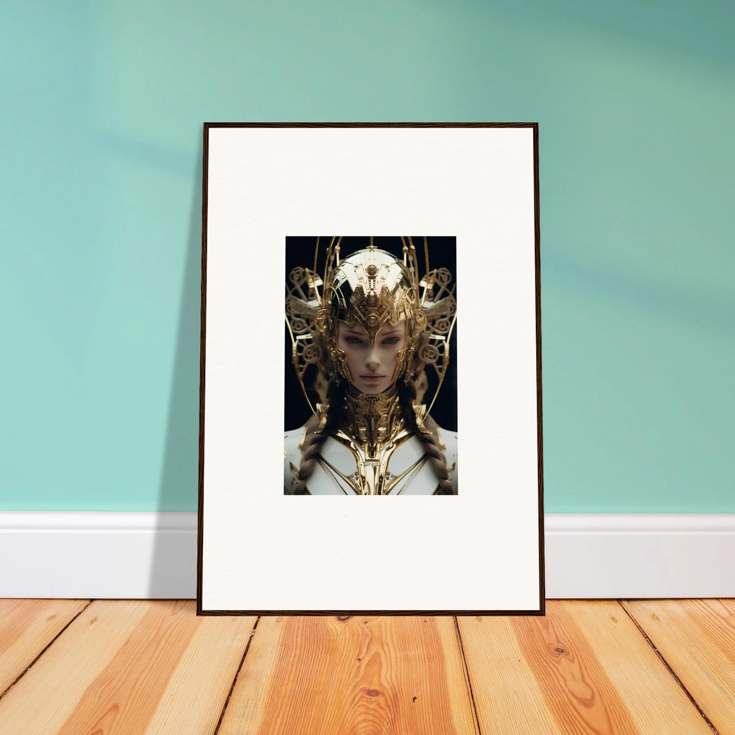 Framed artwork of a golden headdress on an ethereal figure in Future Opulence Rewoven