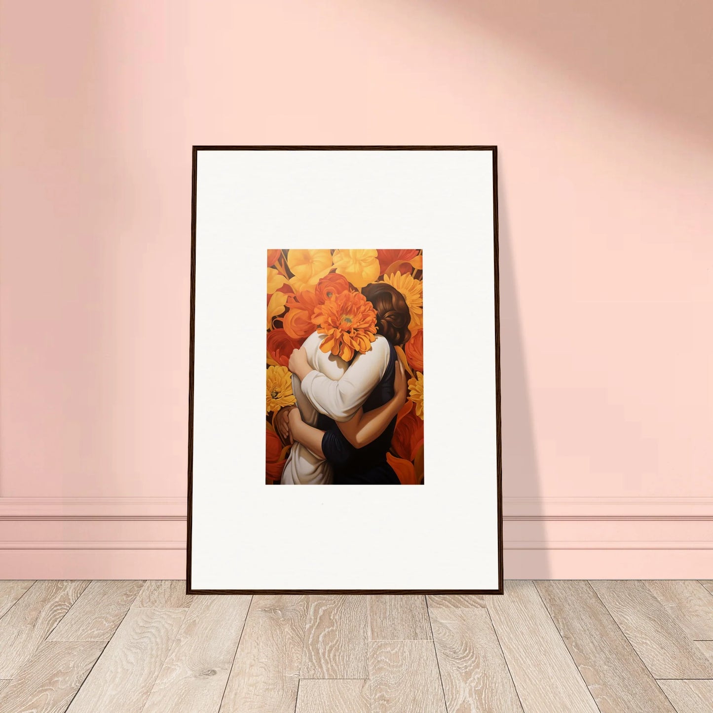 Framed canvas print of a couple in euphoria embrace with vibrant flowers for room decoration