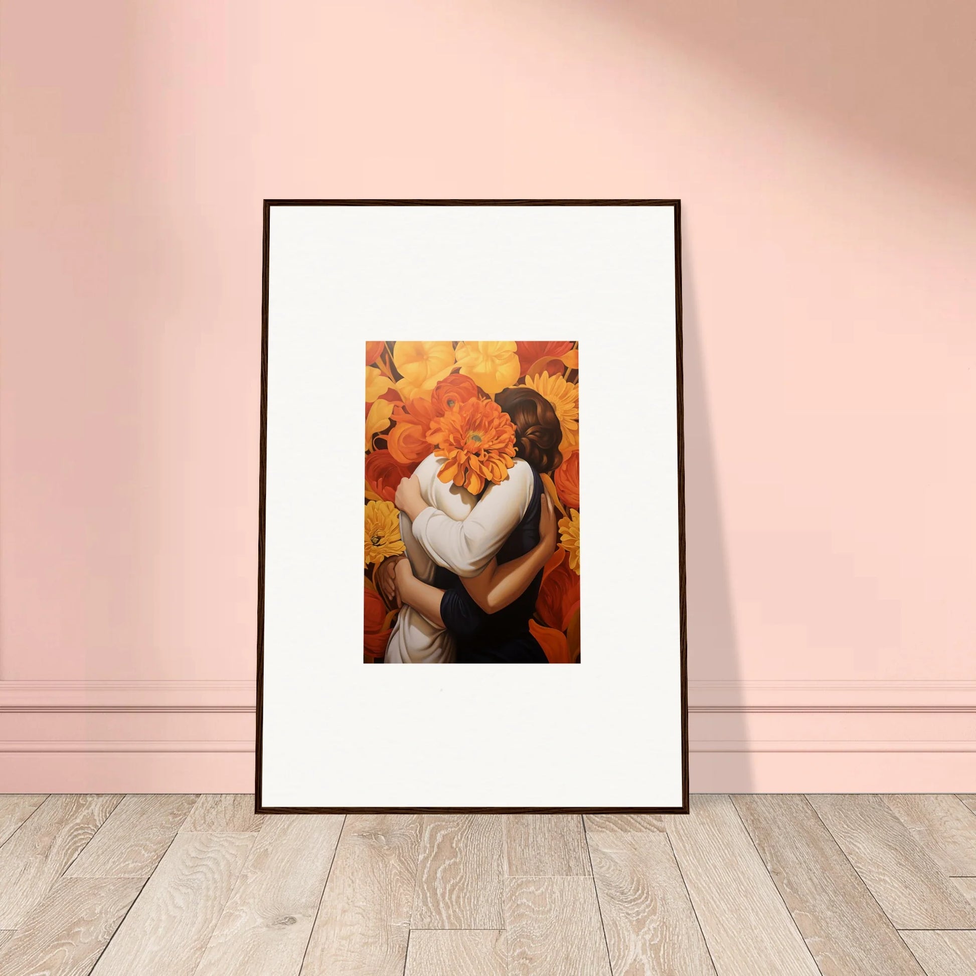 Framed canvas print of a couple in euphoria embrace with vibrant flowers for room decoration