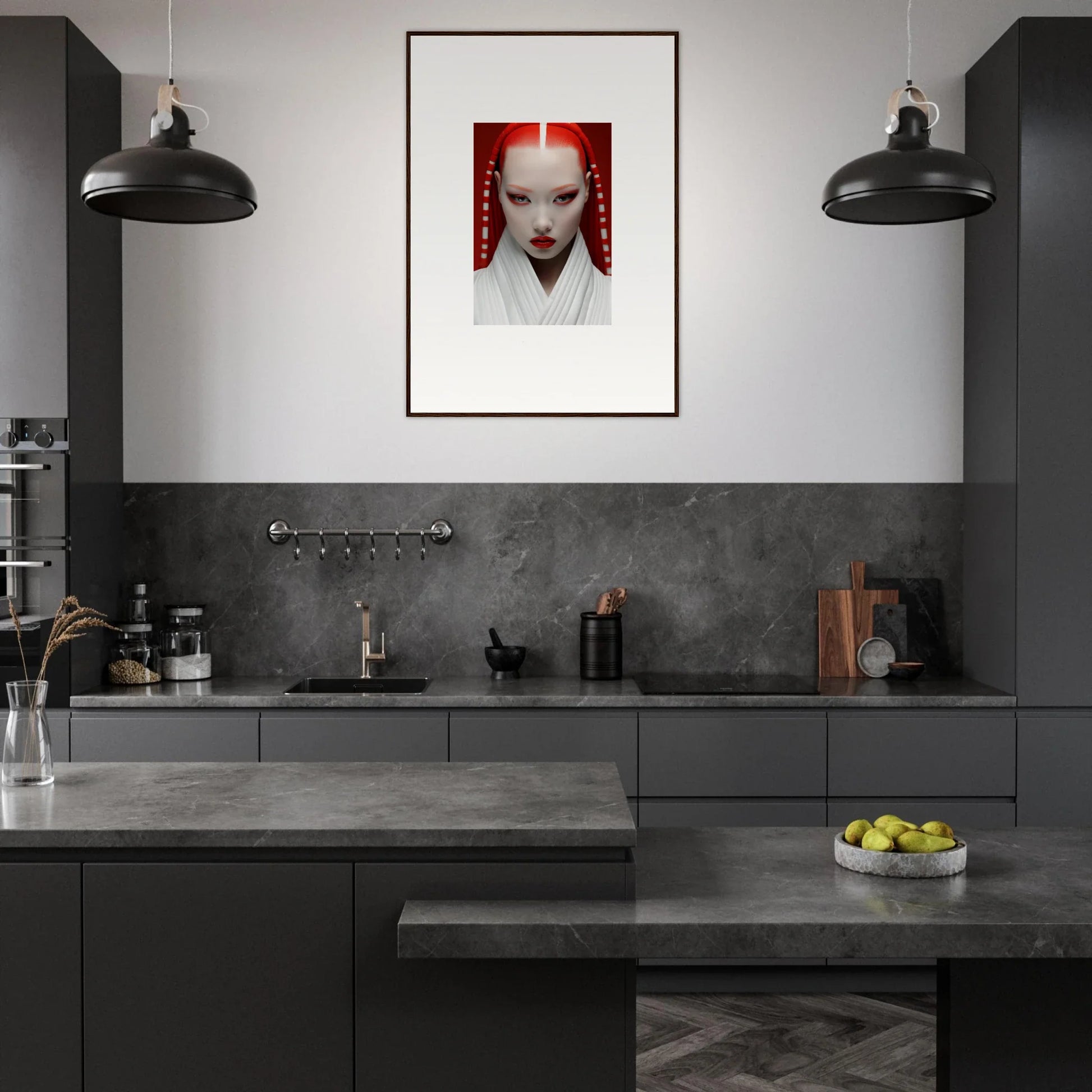 Modern kitchen with dark cabinetry and a Pome Artcard Whisper as the stunning centerpiece