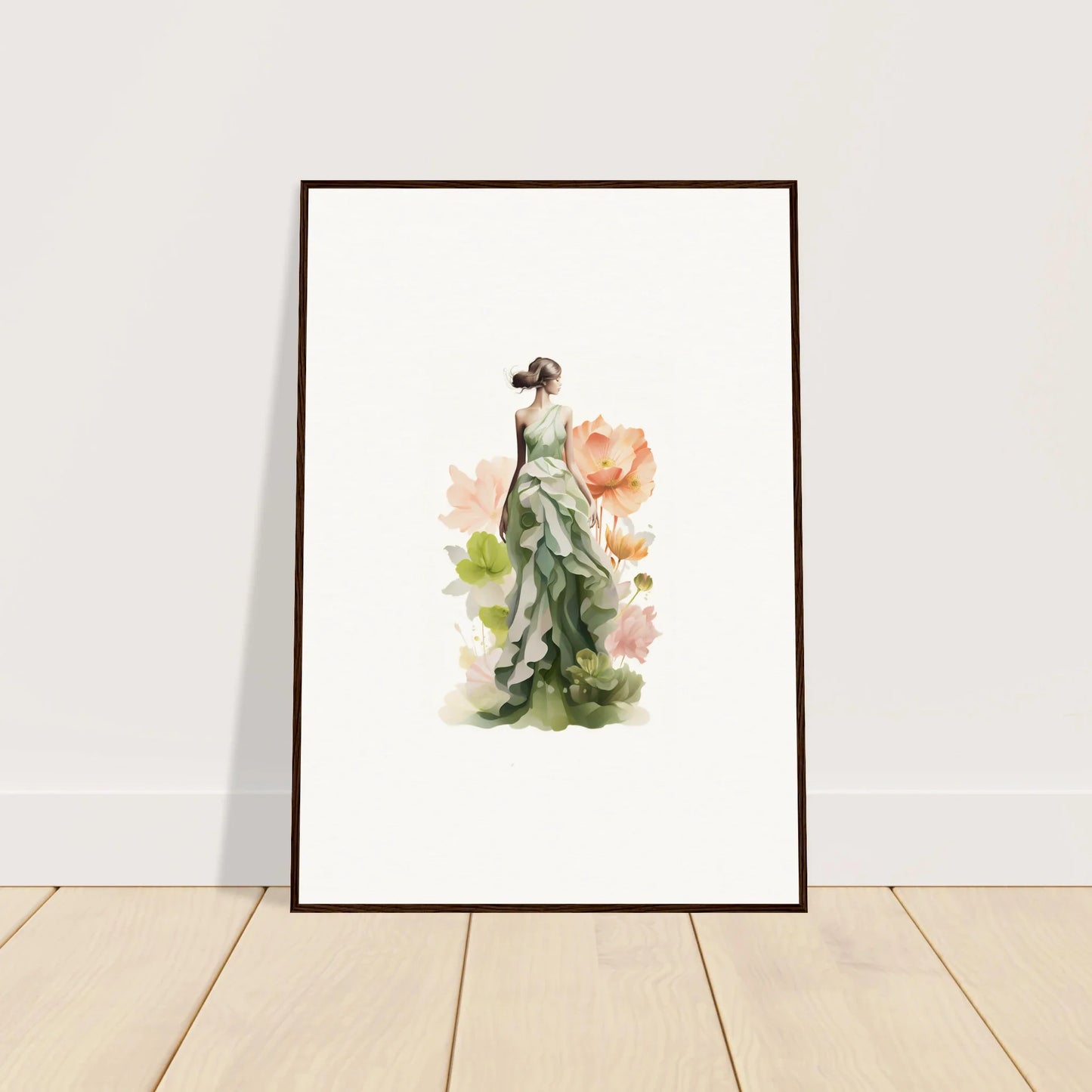 Framed watercolor of a woman in a green dress, perfect for spring symphony room decoration