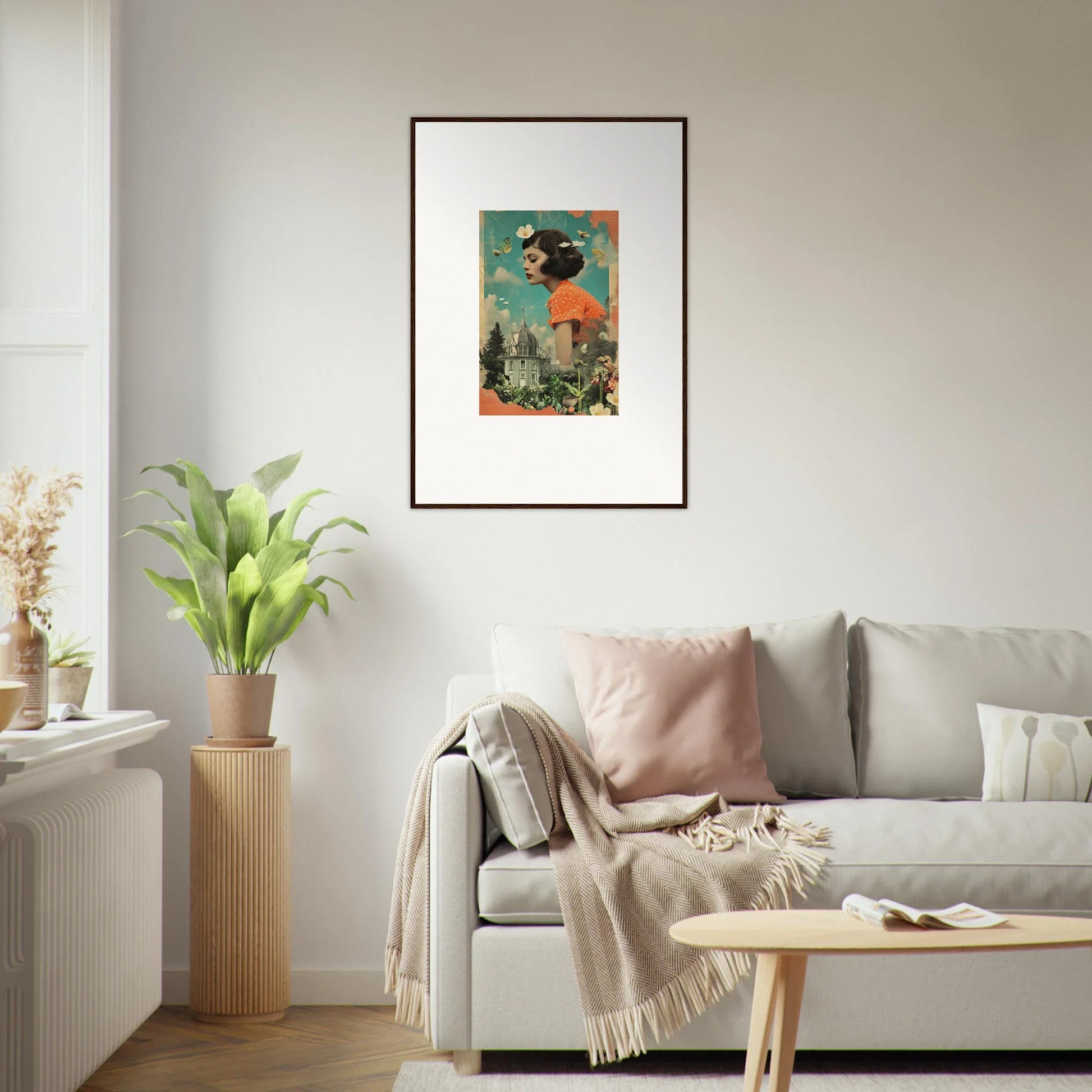 Framed canvas print of Dreamer’s Botanical Parade with surreal figure and greenery