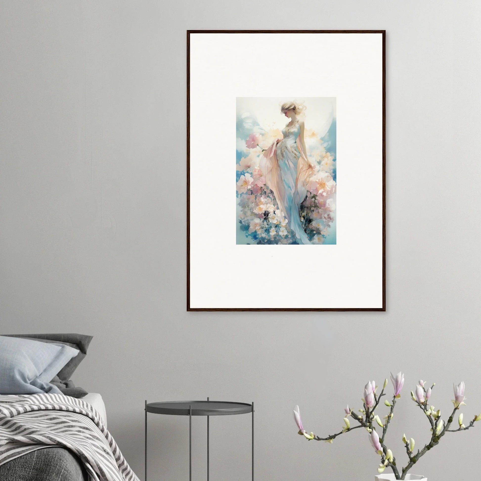 Framed watercolor painting of a dreamy female figure for stylish room decoration